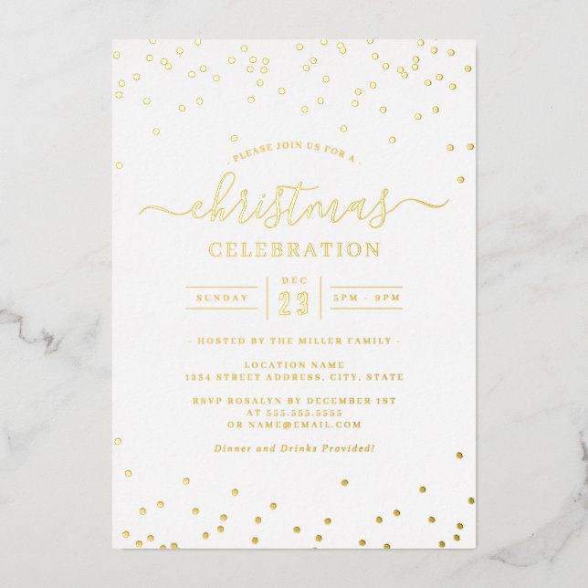 Invitación Con Relieve Metalizado Fiesta de Navidades blancos Confetti Gold (Anverso)