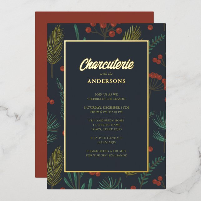 Invitación Con Relieve Metalizado Fiesta de Navidades de Charcuterie (Anverso/Reverso)