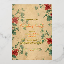 Invitación Con Relieve Metalizado Fiesta de Navidades de Floral Verde Rojo de Invier