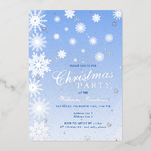 Invitación Con Relieve Metalizado Fiesta de Navidades de invierno con nieve azul, co