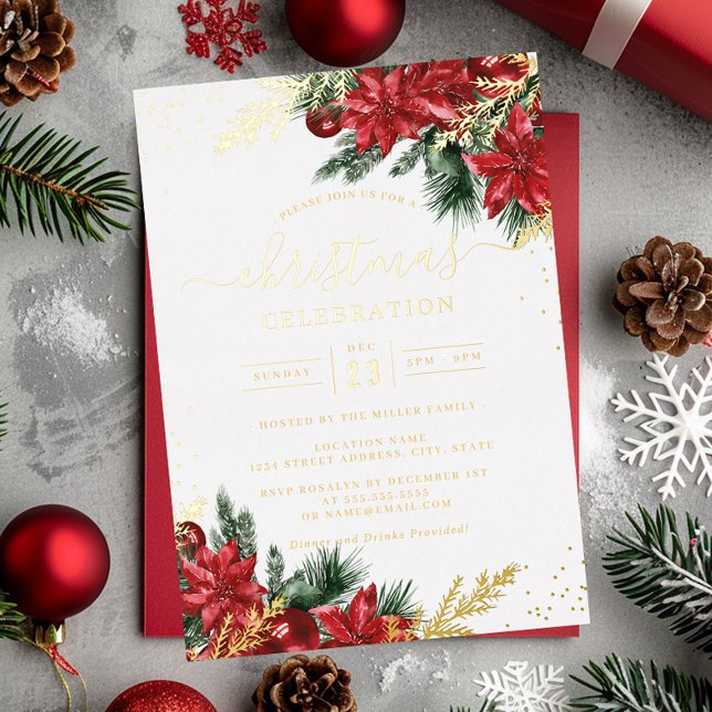 Invitación Con Relieve Metalizado Fiesta de Navidades de la hoja de oro roja (Subido por el creador)