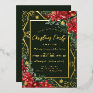 Invitación Con Relieve Metalizado Fiesta de Navidades de marco de floral dorada