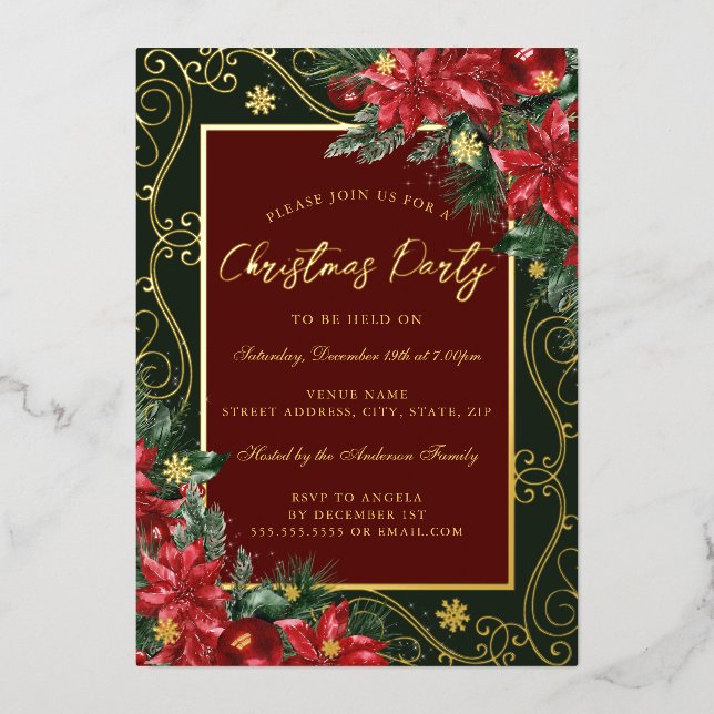 Invitación Con Relieve Metalizado Fiesta de Navidades de marco floral festivo con co (Anverso)