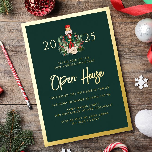 Invitación Con Relieve Metalizado Fiesta de Navidades de nueces de la casa abierta d (Holiday Open House Nutcracker Christmas Party Foil Invitation)