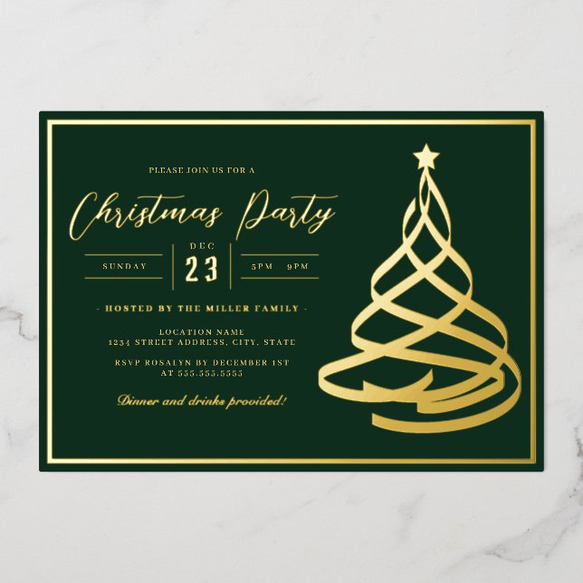 Invitación Con Relieve Metalizado Fiesta de Navidades de Oro Elegante Verde (Anverso)