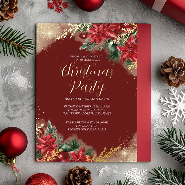 Invitación Con Relieve Metalizado Fiesta de Navidades de Red Gold Green Foliage (Subido por el creador)