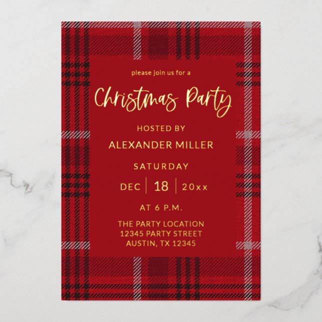 Invitación Con Relieve Metalizado Fiesta de Navidades de Red Plaid Flannel (Anverso)