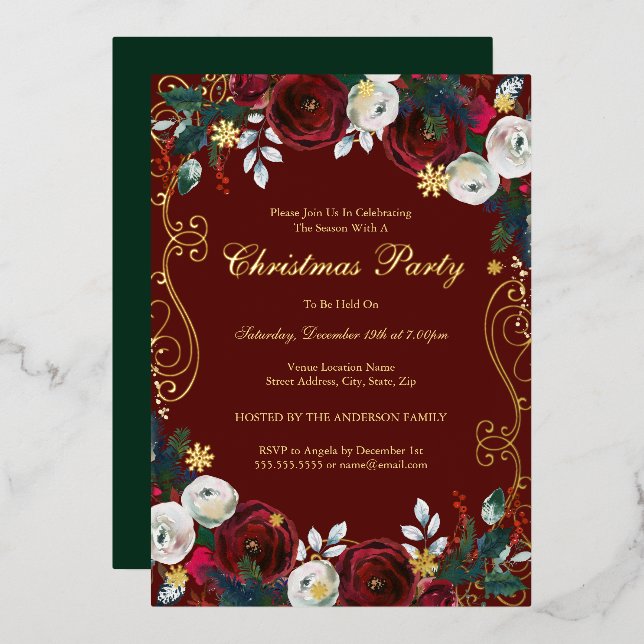 Invitación Con Relieve Metalizado Fiesta de Navidades de Swirl Floral Green Red Gold (Anverso/Reverso)