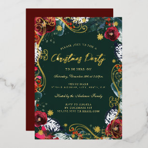 Invitación Con Relieve Metalizado Fiesta de Navidades de Swirl Green Gold Red Floral