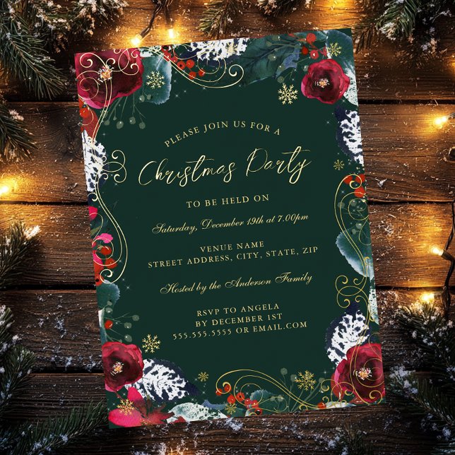 Invitación Con Relieve Metalizado Fiesta de Navidades de Swirl Green Gold Red Floral (Subido por el creador)