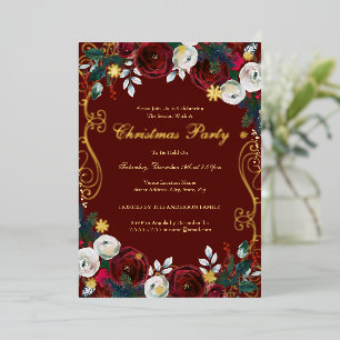 Invitación Con Relieve Metalizado Fiesta de Navidades de Swirl Red Gold Floral