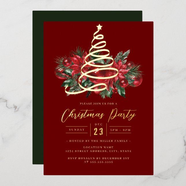 Invitación Con Relieve Metalizado Fiesta de Navidades del follaje rojo Jolly Gold Tr (Anverso/Reverso)