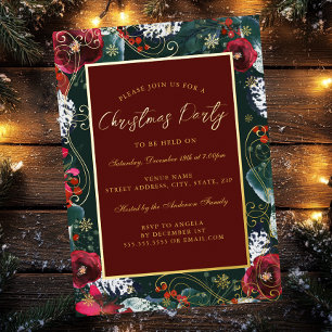 Invitación Con Relieve Metalizado Fiesta de Navidades del marco de flor de Swirl Red
