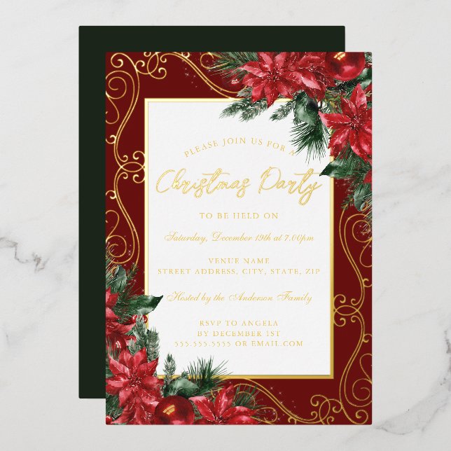 Invitación Con Relieve Metalizado Fiesta de Navidades del marco floral dorado rojo (Anverso/Reverso)