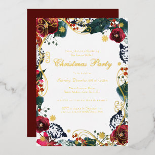 Invitación Con Relieve Metalizado Fiesta de Navidades Floral Red Gold Green