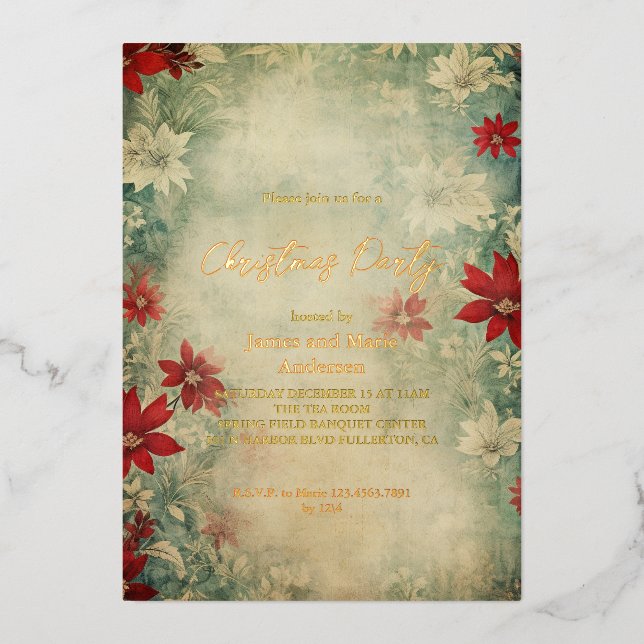Invitación Con Relieve Metalizado Fiesta de Navidades florales de Cosy Winter Poinse (Anverso)