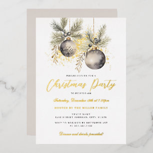 Invitación Con Relieve Metalizado Fiesta de Navidades Gold Shimmer Baubles