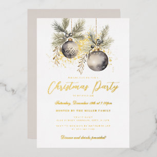 Invitación Con Relieve Metalizado Fiesta de Navidades Gold Shimmer Baubles