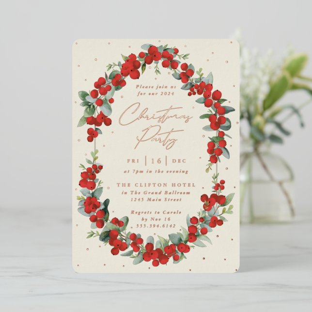 Invitación Con Relieve Metalizado Fiesta de Navidades Luxe Red Berry + Eucalyptus (Anverso de pie)