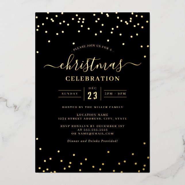 Invitación Con Relieve Metalizado Fiesta de Navidades negros de Confetti Gold (Anverso)