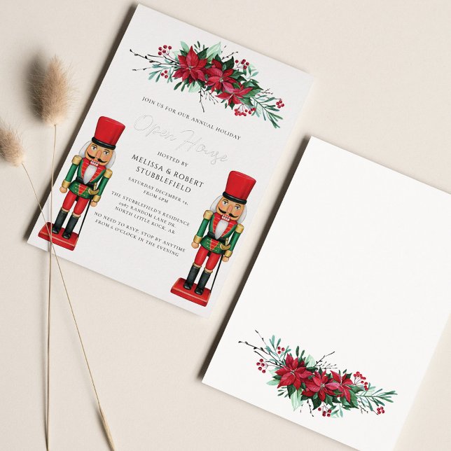 Invitación Con Relieve Metalizado Fiesta de navidades Poinsettia Toy Nutcracker Silv (Open House Christmas Nutcracker Poinsettia Invitation)