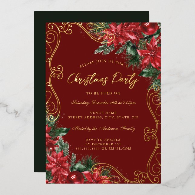 Invitación Con Relieve Metalizado Fiesta de Navidades rojos de Swirl floral festivo (Anverso/Reverso)