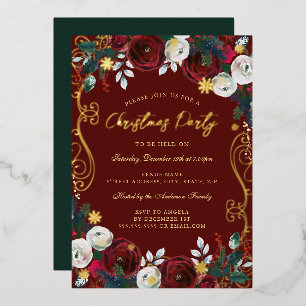 Invitación Con Relieve Metalizado Fiesta de Navidades rojos florales de Swirl Gold G