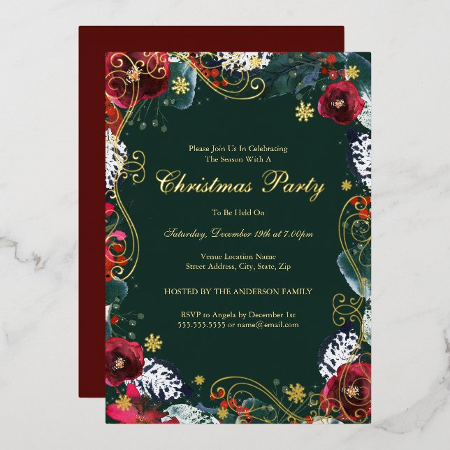 Invitación Con Relieve Metalizado Fiesta de Navidades Rojos Swirl Floral Green Gold (Anverso/Reverso)