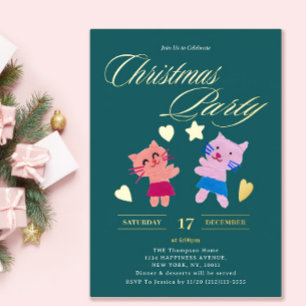 Invitación Con Relieve Metalizado Fiesta de Navidades verdes de gatos de caligrafía 