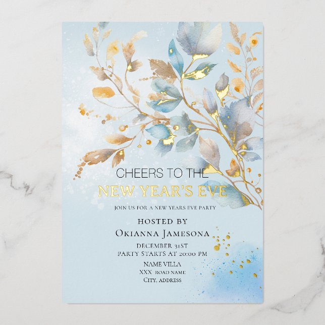 Invitación Con Relieve Metalizado Fiesta de Nochevieja con acuarela  (Anverso)