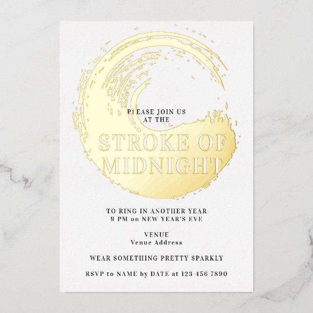 Invitación Con Relieve Metalizado Fiesta de Nochevieja en el golpe de medianoche (Anverso)