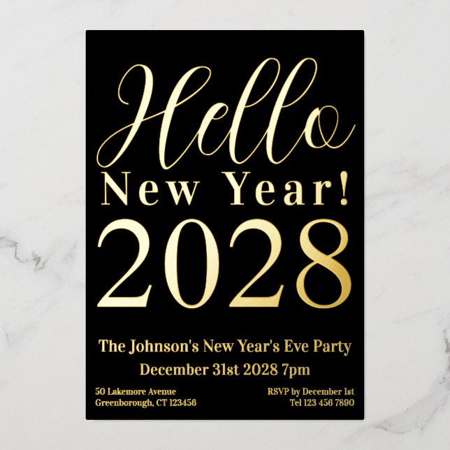 Invitación Con Relieve Metalizado Fiesta de Nochevieja Oro Real Negro (Anverso)