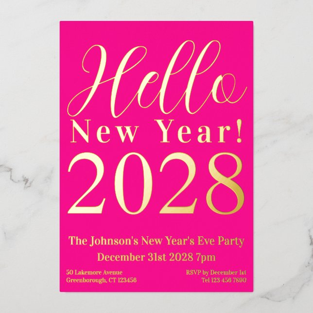 Invitación Con Relieve Metalizado Fiesta de Nochevieja, oro real rosado caliente (Anverso)