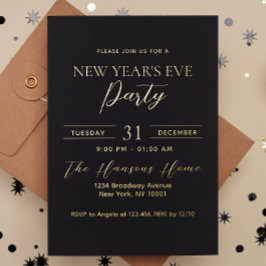 Invitación Con Relieve Metalizado Fiesta de Nochevieja Simple Premium Oro y Negro