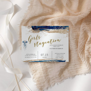 Invitación Con Relieve Metalizado Fiesta De Novias De Oro Y Azul En La Playa Costera