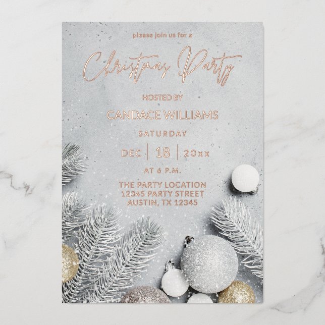 Invitación Con Relieve Metalizado Fiesta de Ornaments & Pine Leaves Navidades (Anverso)
