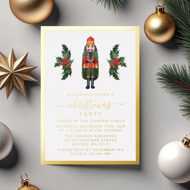 Invitación Con Relieve Metalizado Fiesta de oro de Navidades de nueces festivos (Festive Nutcracker Christmas Party Gold Foil Invitation)
