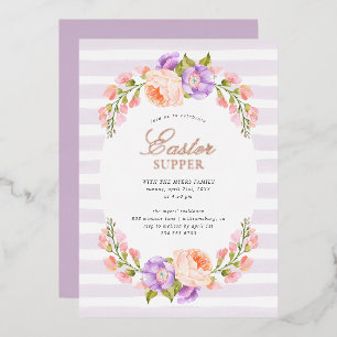 Invitación Con Relieve Metalizado Fiesta de Pascua de Cena con Raya de Lila y Flor