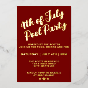 Invitación Con Relieve Metalizado Fiesta de Piscina del 4 de Julio Elegante Letra Sc