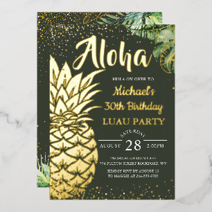 Invitación Con Relieve Metalizado Fiesta de Playa Luau de Piña Tropical de Hoja Real