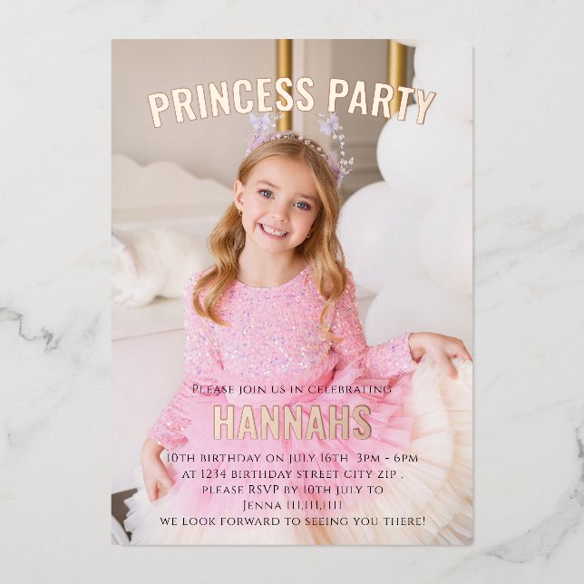 Invitación Con Relieve Metalizado Fiesta de princesa fotográfica moderna (Anverso)