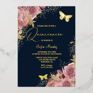 Invitación Con Relieve Metalizado Fiesta de Quinceañera de Mariposa Encantada Azul M