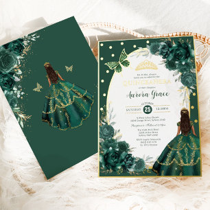 Invitación Con Relieve Metalizado Fiesta de Quinceañera Princesa Mariposa Verde Esme