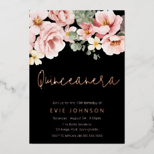 Invitación Con Relieve Metalizado Fiesta de Quinceañera Rosa Rosa Dorada