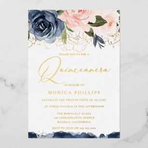 Invitación Con Relieve Metalizado Fiesta de Quinceañera Rosa y Azul Marino con Hojue