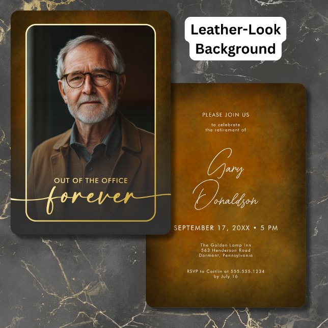 Invitación Con Relieve Metalizado Fiesta de retiro de fotografía de cuero marrón mod (Modern Brown Leather Photo Retirement Party Foil Invitation)