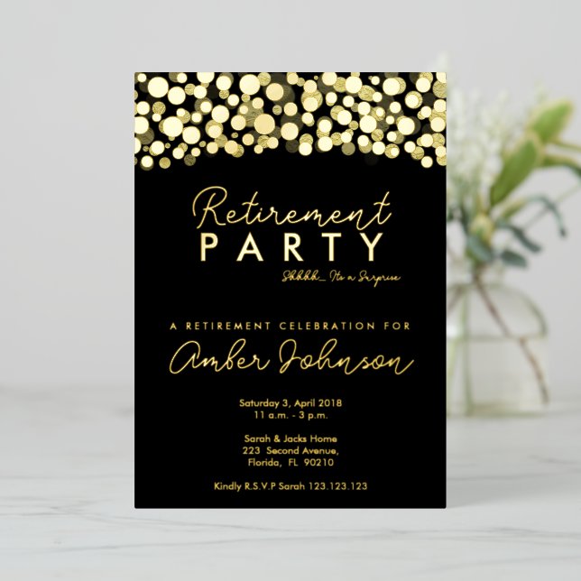 Invitación Con Relieve Metalizado Fiesta de retiro sorpresa negro y oro (Anverso de pie)