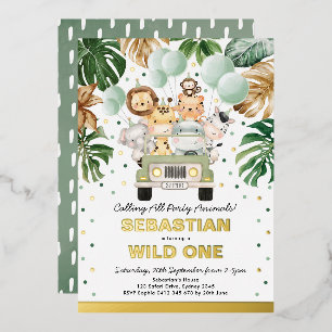 Invitación Con Relieve Metalizado Fiesta de Safari en la Jungla Animales Cumpleaños 