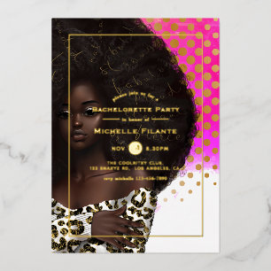 Invitación Con Relieve Metalizado Fiesta de soltera con lámina de oro Afro