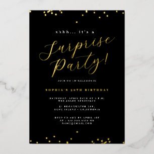Invitación Con Relieve Metalizado Fiesta de Sorpresa Confeti Escritura Dorada Negra